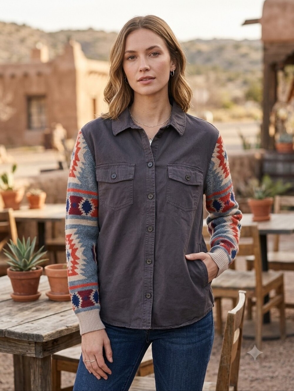 Thread & Supply Women's Charcoal Aztec Western Button-Front Shirt Size Medium
